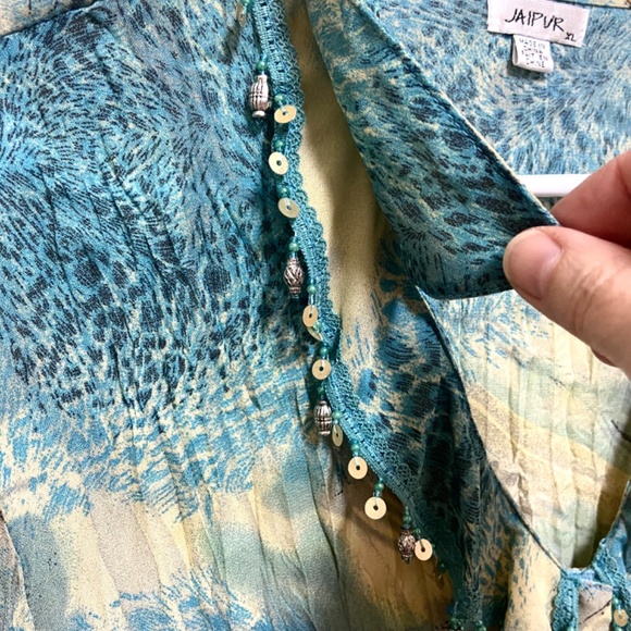Boho Beaded Floral Top XL Blue Yellow Crinkle Blouse - Picture 10 of 13